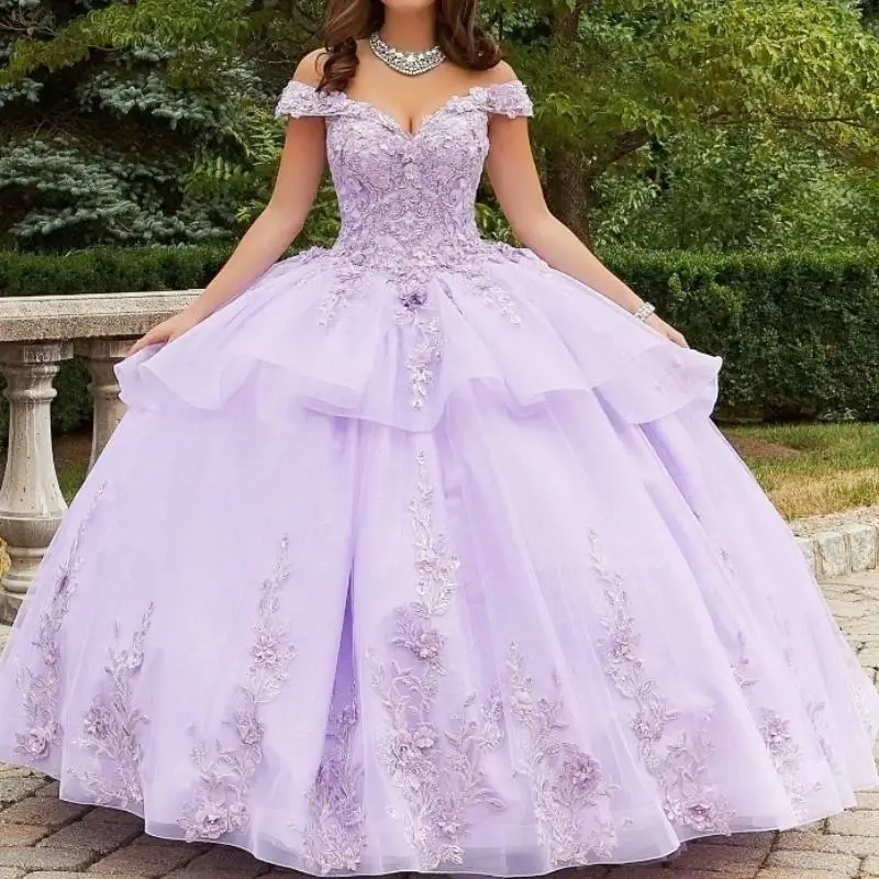 

Lavender Quinceanera Dresses Off the Shoulder Sweet 16 Gowns 3D Flower Applique Beads Tull Vestidos 15 De Quinceañera