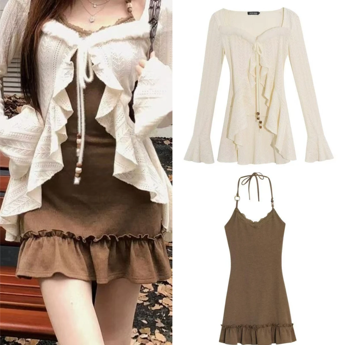 Spicy Girl Vintage Two Piece Set Y2K Ruffle Knitted Cardigan Lace Camisole Mini Skirt Korean Sexy Daily Outfit Suit