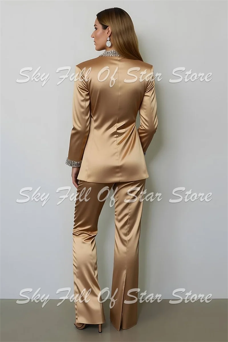 Women Suit Set 2 Pcs Satin Crystal Rhinestone Cuff Double‑Breasted Blazer+Flare Pants Custom Formal Evening Wedding Lady Outfit