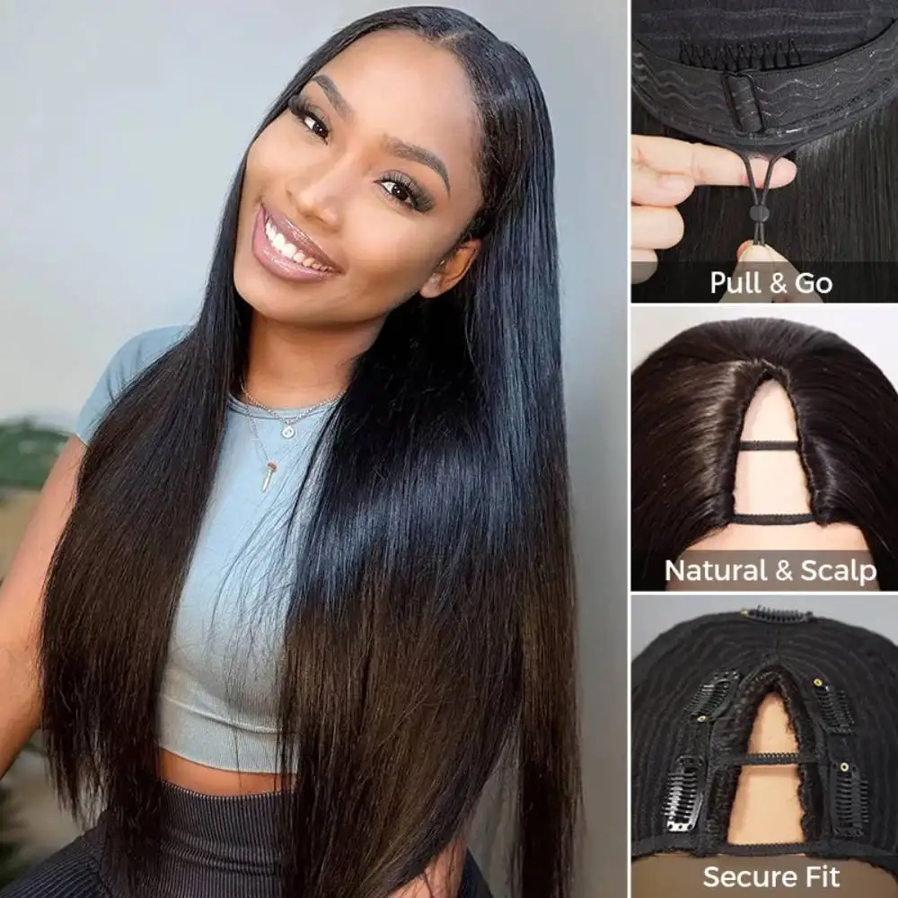 

Straight Hair V Part Wig Human Hair Super Natural Update U part Human Hair Wigs Glueless Clip In Half V shape Wigs For Women Natural Color