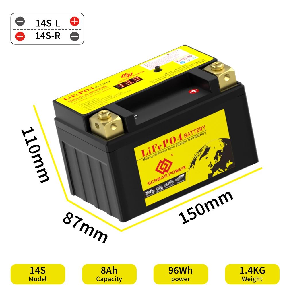 14S Lithium LiFePO4 Motorcycle Battery 12V 8AH Built-in BMS ATV UTV Jet Ski Scooter Lawn Mower Tractor Generator Battery Yamaha