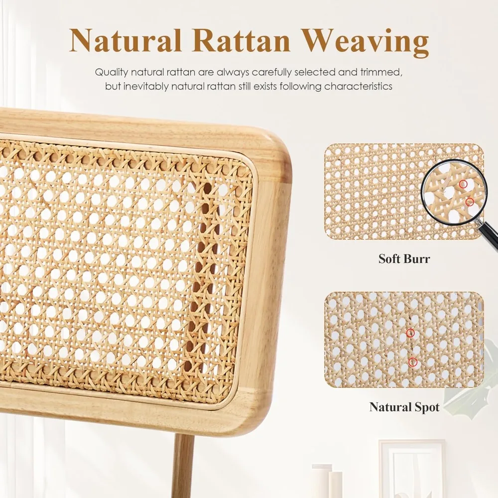 回転式ラタンカウンターハイスツール、ふわふわのブークレバースツール、無垢材の脚とラタンの背もたれ付き、布張りのカウンターハイチェア