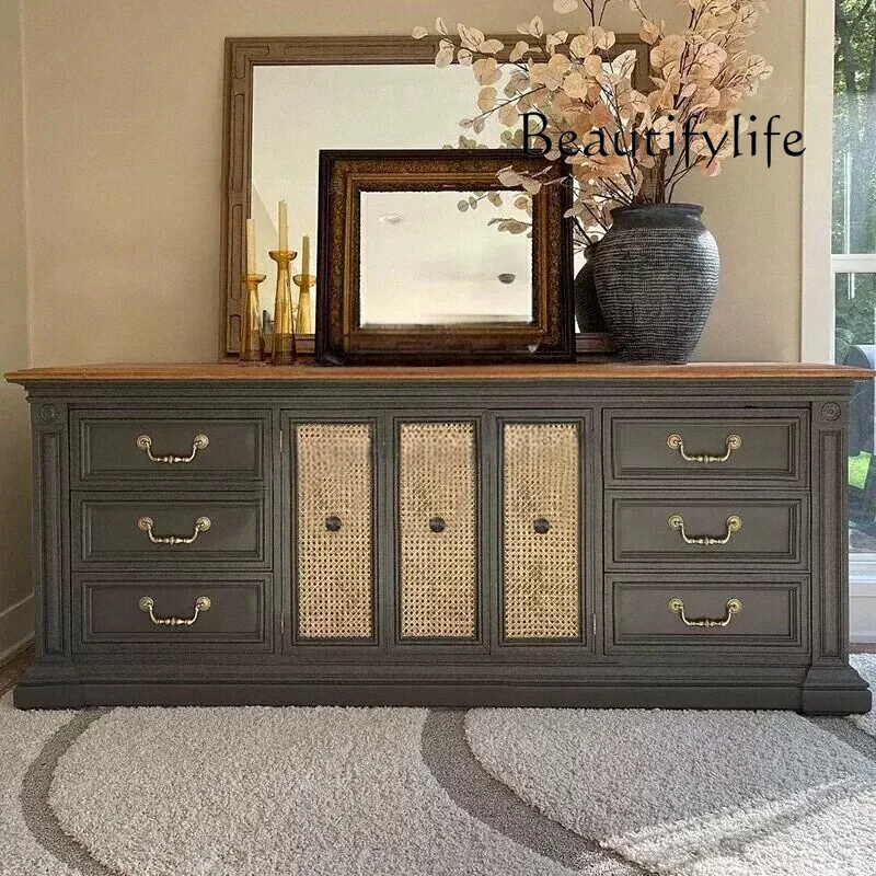 French antique solid wood small apartment living room rattan locker American retro contrasting color home