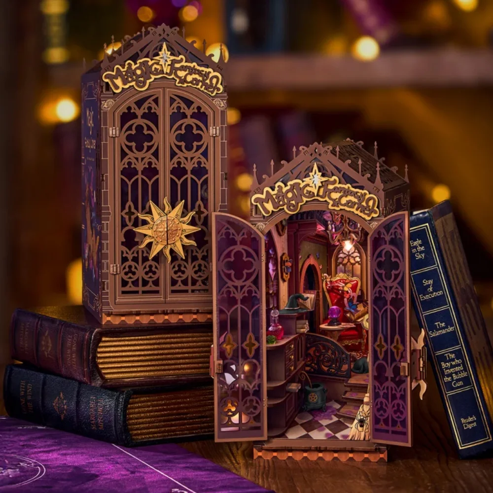 Robotime Rolife Kit angolo libro Magic Fantasy Corner Booknook fai da te con luci Kit casa in miniatura Puzzle in legno 3D Scaffale regalo