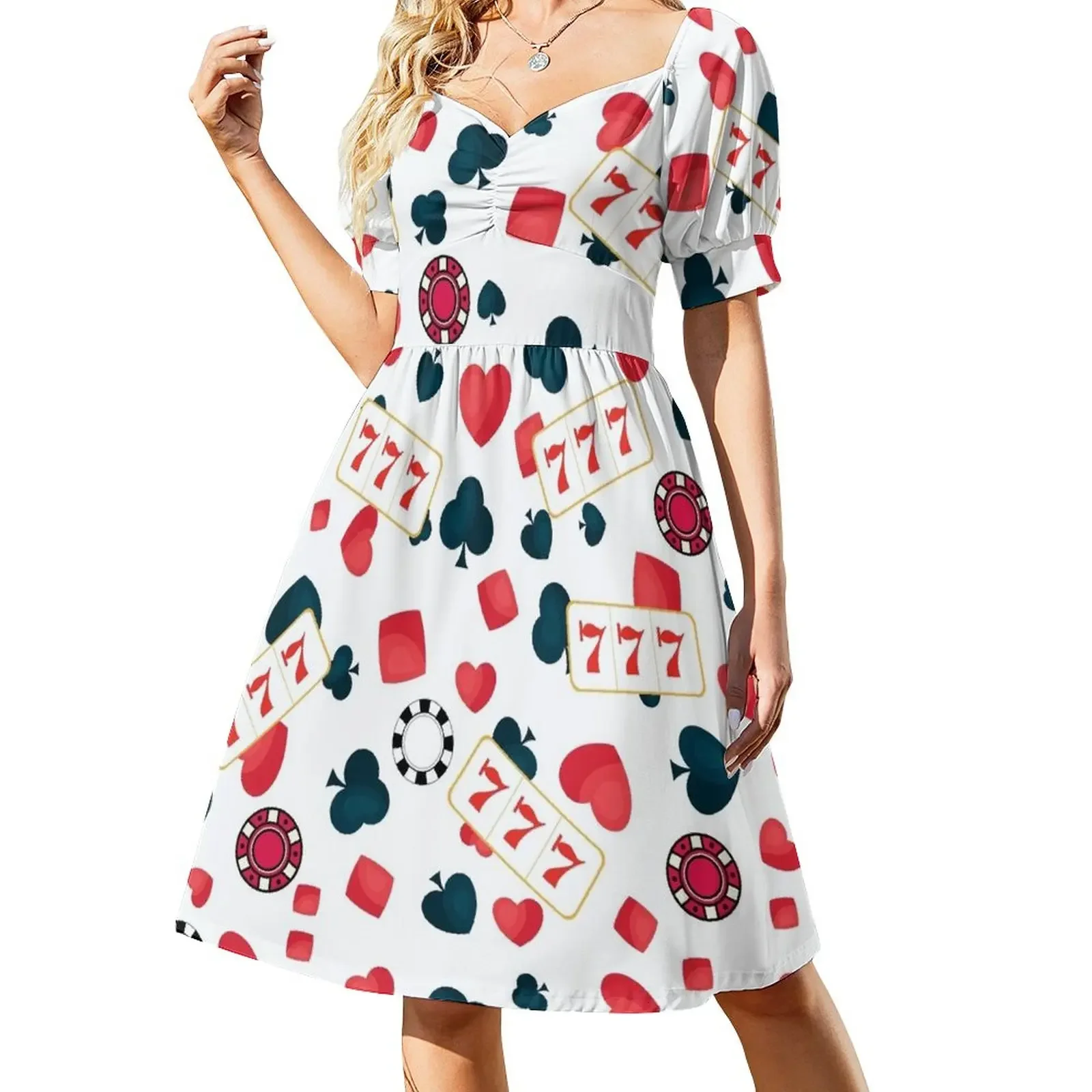 Casino Gambler Poker Slot Machine Pattern Short-Sleeved Dress Beachwear women clothing 2025 new arrivals