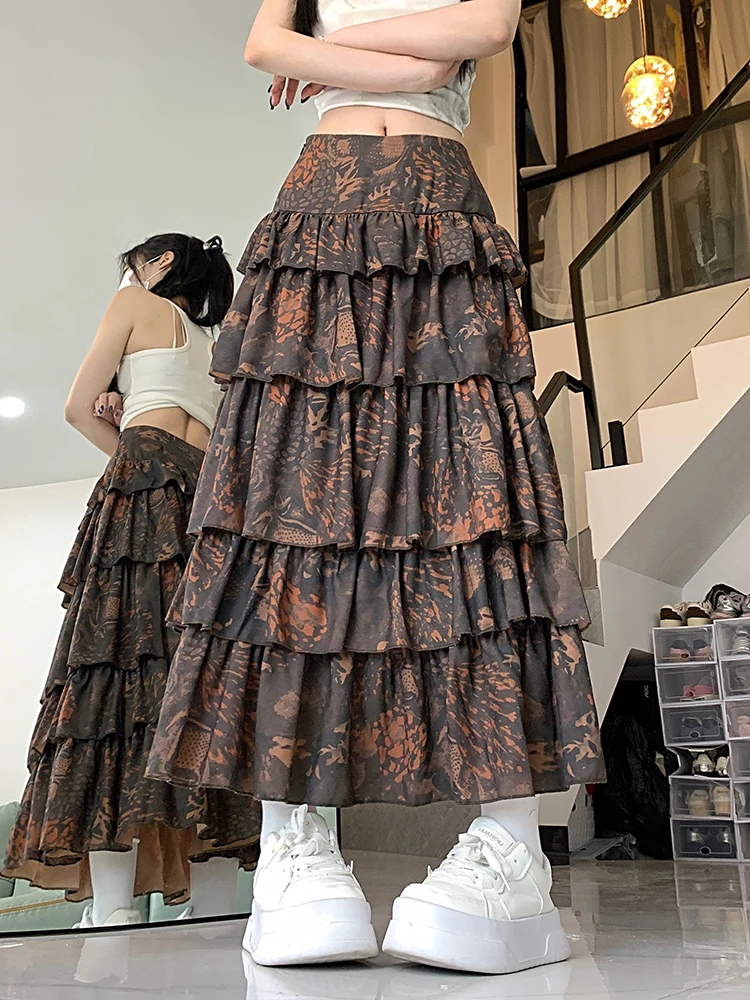 

Retro Floral Women Midi Skirt French Casual Summer Sweet Female Cake Skirts High Waist A Line Loose Vintage Ladies Skirt New