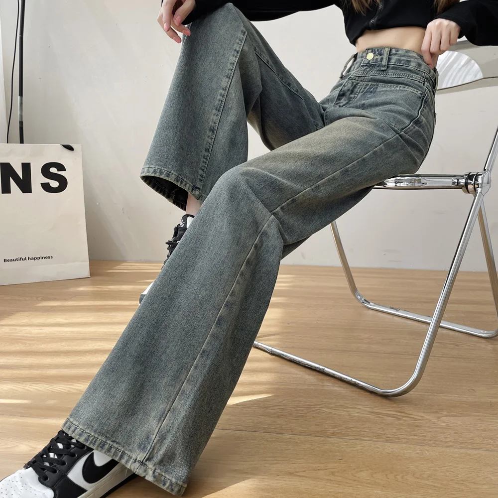 High Rise Waist Wide Legged Denim Pants For Female Autumn Winter Loose Straight Slimming Long Fleece-lined Jeans For Women