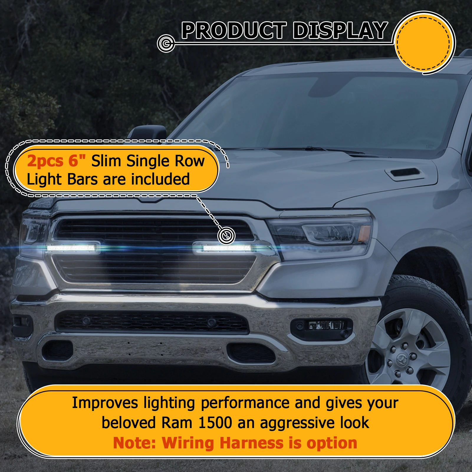 Fit for 2019+ 5th Gen Dodge Ram 1500 2pcs 6in 2800LM Slim Single Row Straight Light Bar Recessed LED Grille Light Kit