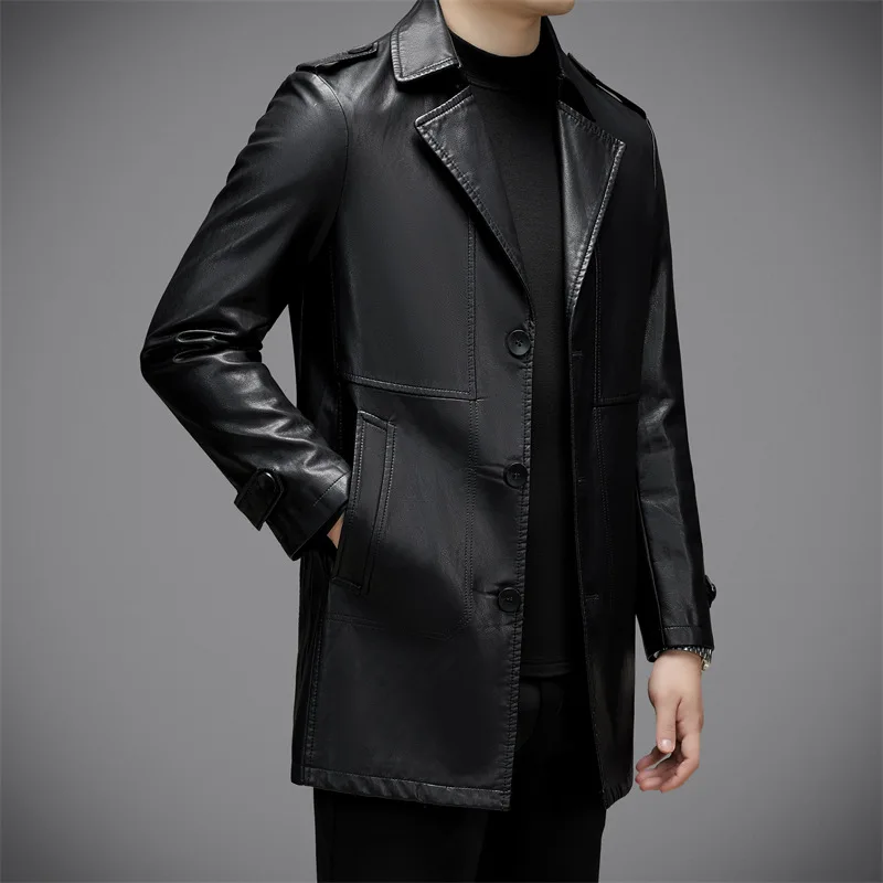 Autumn Leather Trench Coat Men Luxury Party Single Breasted PU Leather Coat Male Trendy Long Motorcycle Windproof Jacket Winter