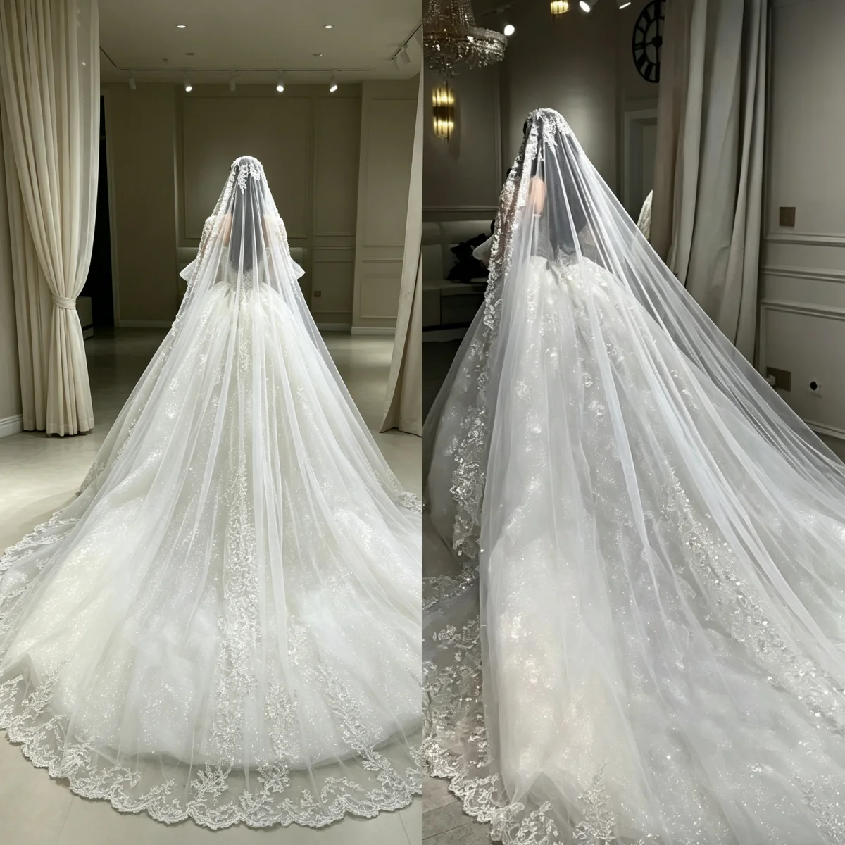 Royal Bridal Sparkle Tulle Floral Lace Beaded Sequins Single Layer Trailing Chapel Wedding Veil Customized Bride Veils Mantilla