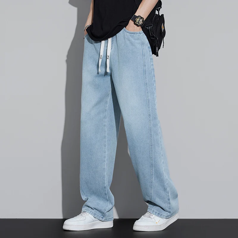 Vintage Trendy Baggy Jeans Men's Streetwear Elastic Waist Straight Loose Wide-leg Pants Washed Casual Oversize Denim Trousers