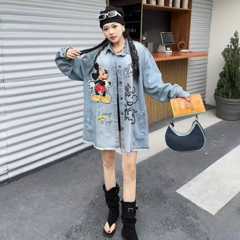 Retro Washed Denim Shirt High-end Sense Stacked Wearing Jacket Women's Autumn Medium And Long Trench Coat Oversized Cartoon Top