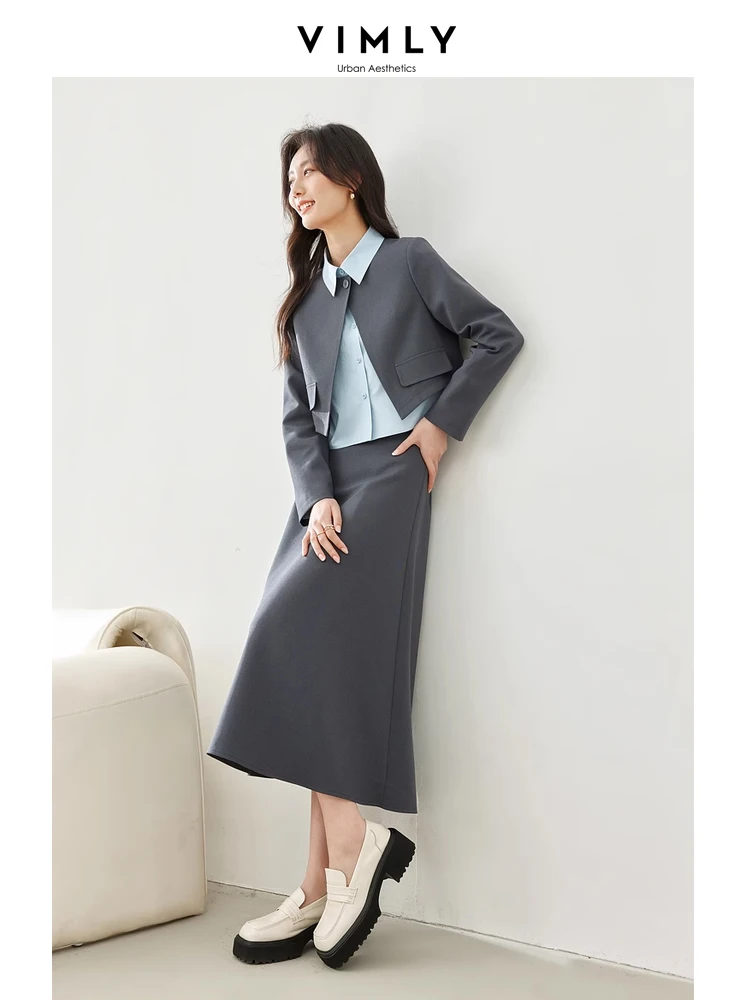 Vimly Spring Women Blazer Suit 2024 Long Sleeve Jacket Lapel Shirt Midi Skirts Three Pieces Sets New In Matching Set M5789