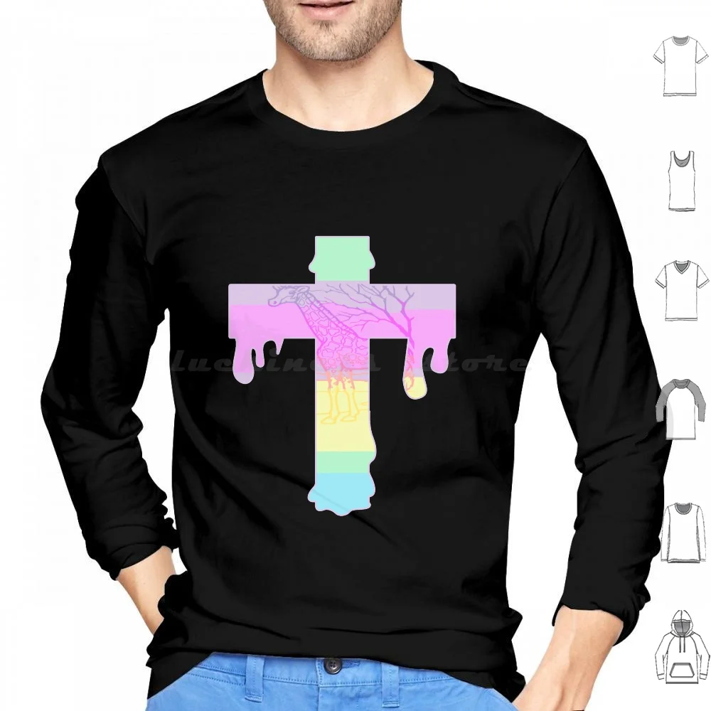 Goth Pastel Giraffe Dripping Cross Hoodie Cotton Long Sleeve Goth Pastel Giraffe Dripping Cross