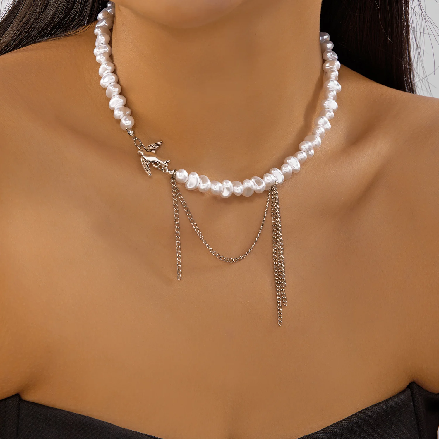 Moderne barocke Imitationsperlen-Halskette für Frauen, glitzernde Herz-Gold-Farben-Kette, geschichtete Halskette, Party-Schmuck-Accessoires – Detail 11