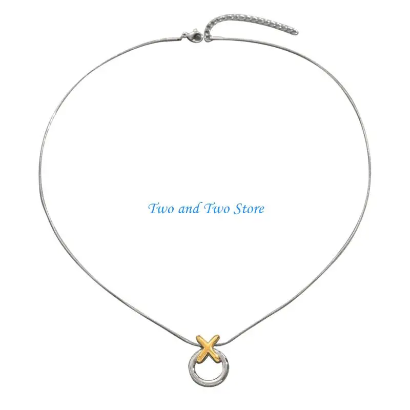 

HX6F Modern Silver Two Tone Neck Jewelry Featuring Interlocked Circle Crosses Charm On Flexible Snake Chain Necklace