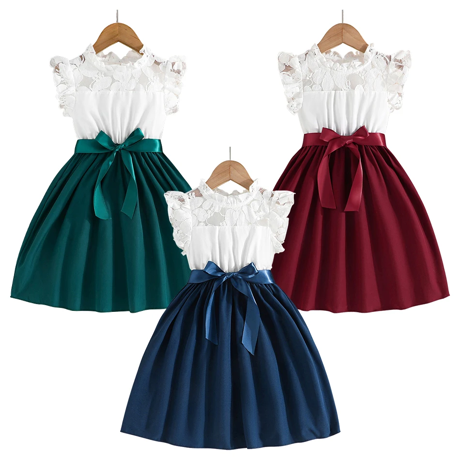 Summer Collection Chic Charming White Casual Dresses with Spliced and Ribbon for Girls Perfect Blend of Elegance and Playfulness