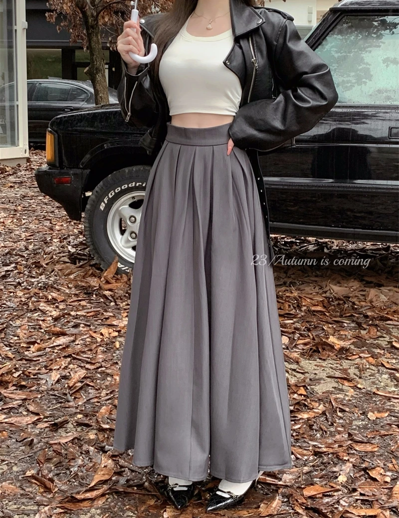 Zipper Up Maxi Pleated Skirt Brown Khaki Black Gray Solid Color Midi Long Skirts y2k