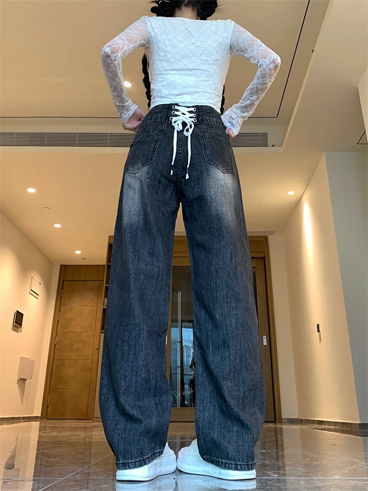 

Женские винтажные черные джинсы с ремешком на шнурке, крутая уличная одежда с высокой талией для девочек, модные брюки, женские повседневные джинсовые брюки