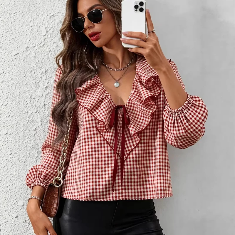 

TFMLN Spring Women Long Sleeve Shirts New Vintage Elegant Plaid V Collar Sweet Blouse Fashion Tierred Decoration Pullover Shirt