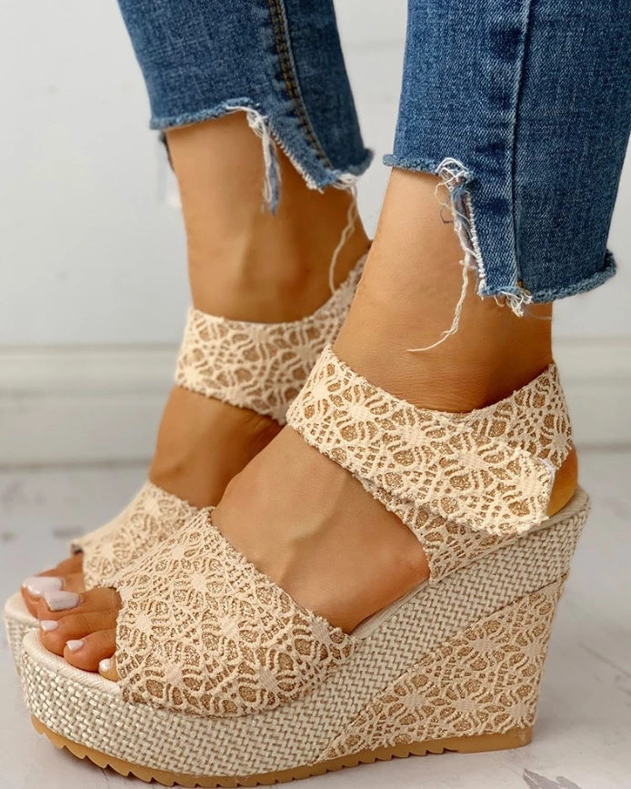 

Women's Sandals 2025 New Fashion Lace Spliced Peep Toe Platform Wedge Sandals Casual Plain Daily Sandals