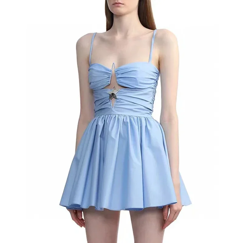 

2024 Summer New Y2K Style Women's Fashion Sexy Pleated Blue Suspender Mini Dress Slim Sexy Solid Color Hollow Dress