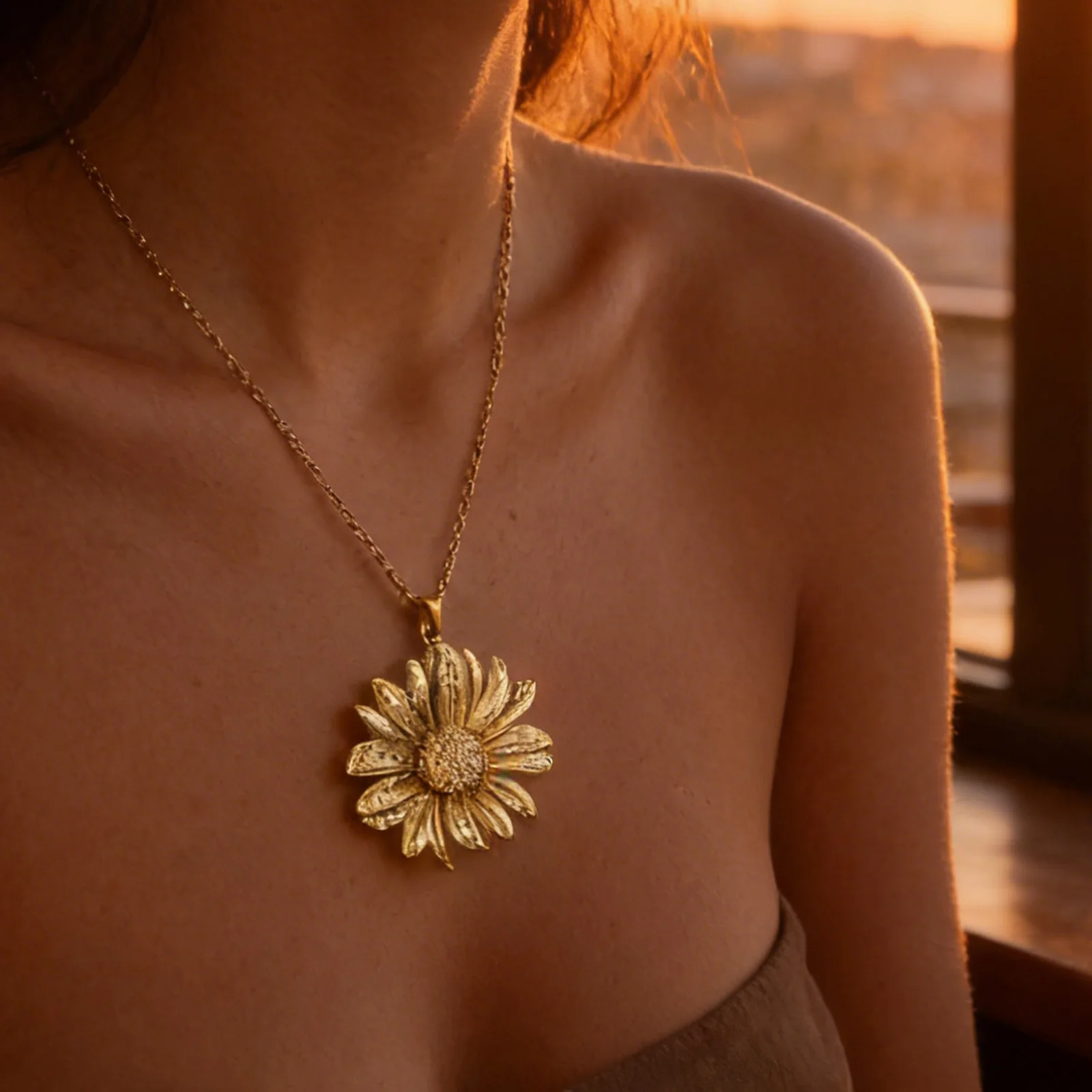 

Golden Sunflower Hammered Pendant Necklace Adjustable Chain Jewelry Gift for Women Girls