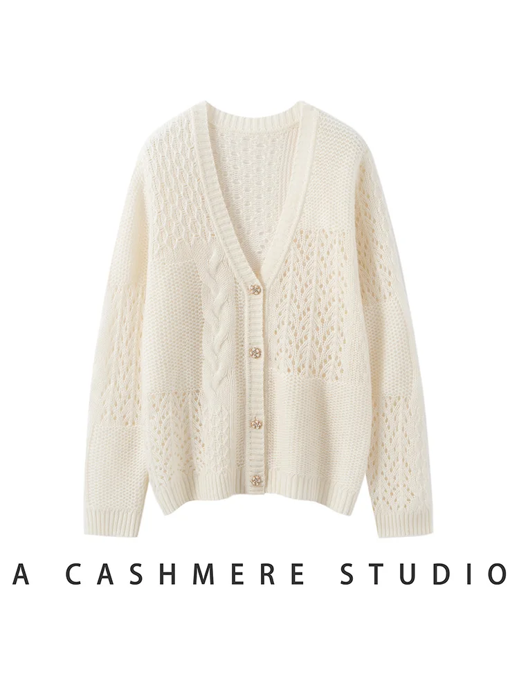 CHICUU ผู้หญิงเสื้อคาร์ดิแกนคอวี 100%แคชเมียร์ถักเสื้อกันหนาวการออกแบบกลวงสายถักเสื้อคาร์ดิแกนฤดูใบไม้ร่วงฤดูหนาวใหม่แฟชั่นท็อปส์ซู