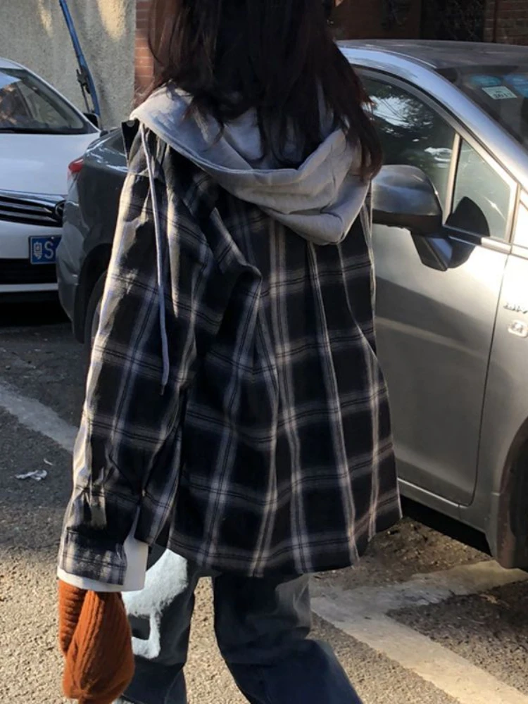 Harajuku Vintage Plaid Shirts Casual Long Sleeve Blouses Female Ulzzang Korean Oversize Top Patchwork Hooded Camisas Y Blusas