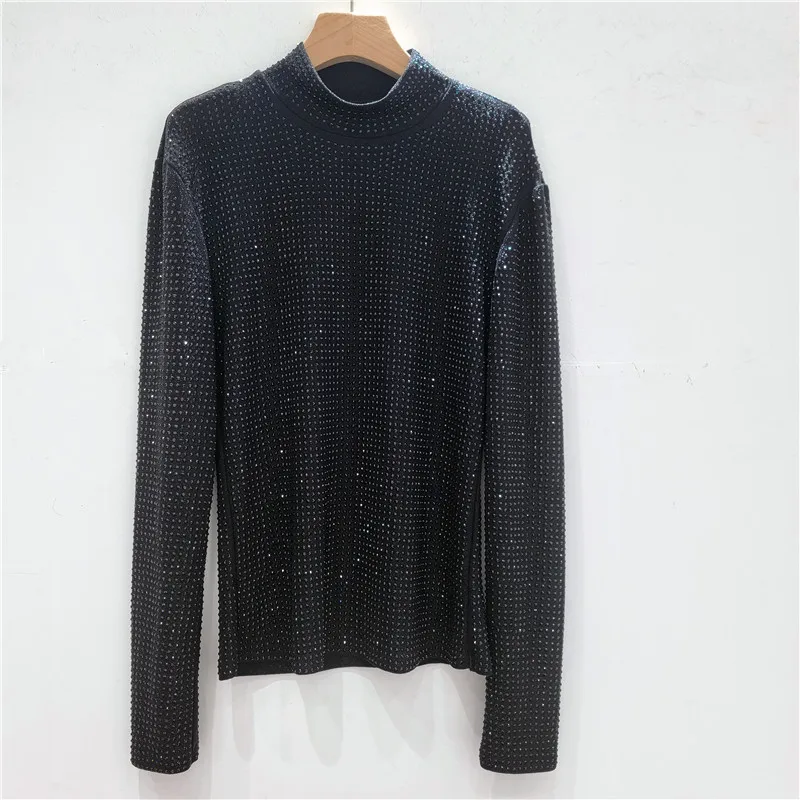 Women's Semi-turtleneck Hot Diamond Versatile Bottoming Shirt 2025 Autumn New Black Tight and Thin Inner Long-sleeved Tshirt Top