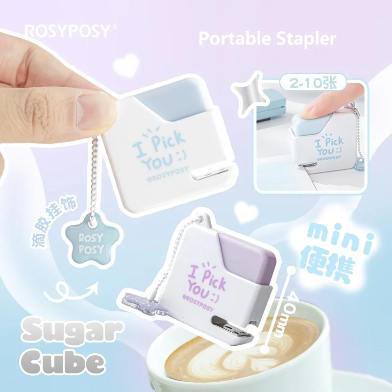 RosyPosy Mini grapadora portátil, 40 agujas No.10 integradas, papelería de cubitos de azúcar pequeños, viajes, hogar, estudiantes, accesorios de uso en oficinas