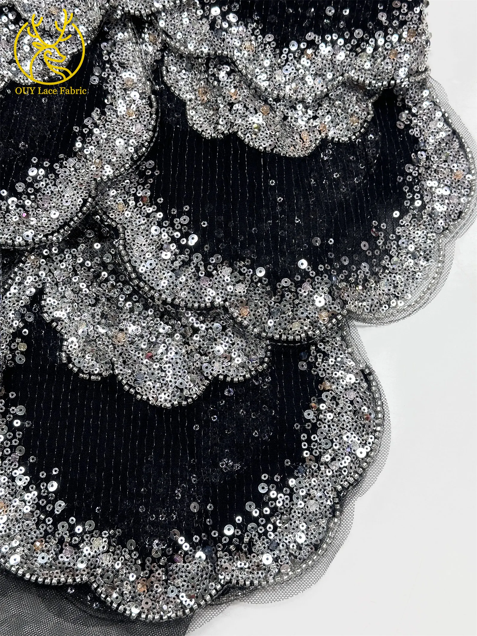 3D-Stickerei mit Pailletten und Perlen, marineblaue afrikanische Spitze, französischer Tüll, Netzspitze für Braut, Hochzeit, DIY, handgemachtes Nähen – Detail 35