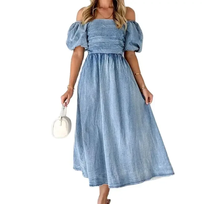 Women High Waist Stretch Backless Denim Dresses Fashion Bubble Short Sleeves Off The Shoulder Dress Female Casual Pleated Frock