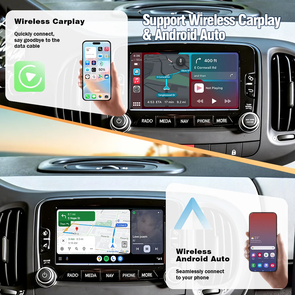 Interface sans fil Apple CarPlay Android Auto AUTOTOP pour Fiat 500 500X 500C Jeep Renegade Système Uconnect Navigation GPS Mirror Link AirPlay Bluetooth AUX Module décodeur CarPlay Plug & Play USB