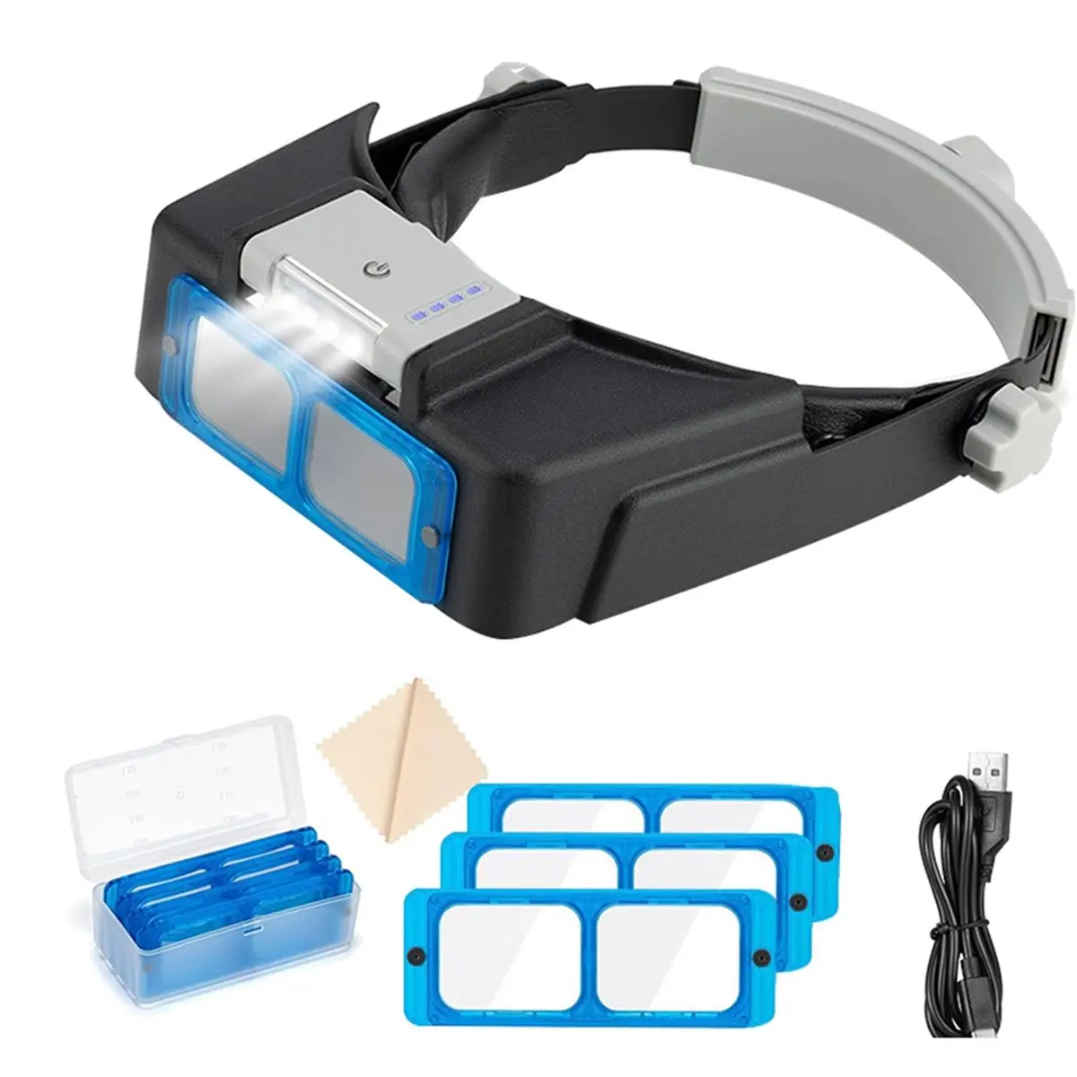A72U Headband Magnifier with LED Light,Rechargeable Head Mount Magnifier, Jewelers Optivisor Hobbies Visor Manifying Glasses