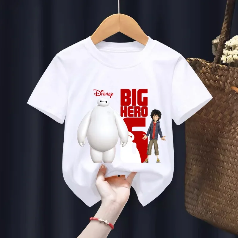 Stylowa letnia koszulka Disney Big Hero 6 dla dzieci urocza nadruk kreskówkowy bawełniana casualowa koszulka z krótkim rękawem w wyjściowy modny