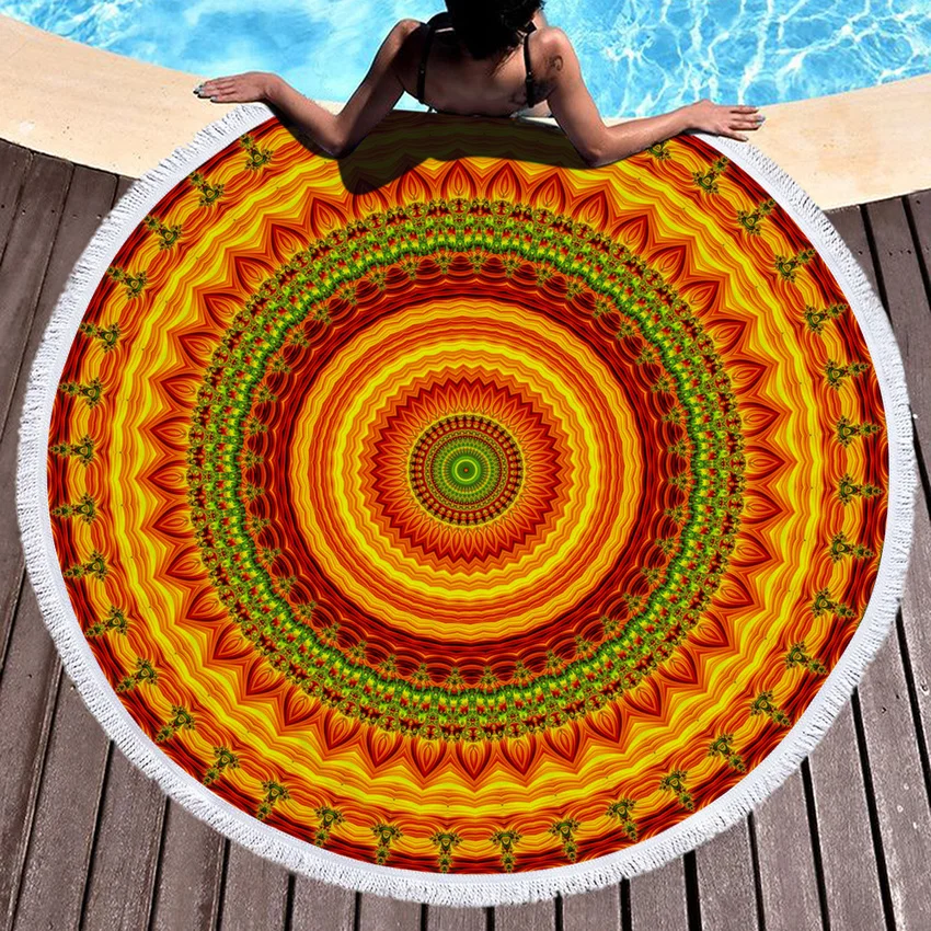 

Mandala Round Beach Towel Geometric Bohemian Thick Shower Bath Towels Microfiber Summer Swim Circle Yoga Mat with Tassels 150cm