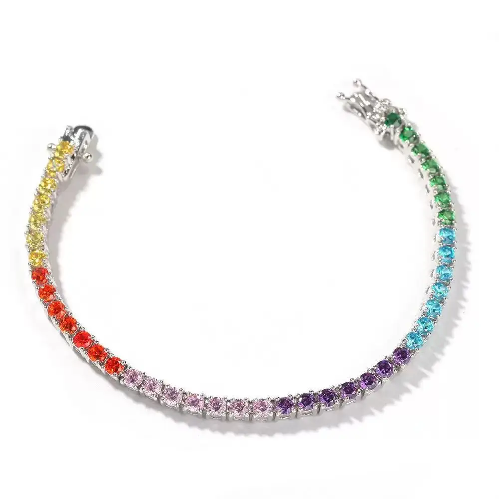 

Cross-border jewelry colorful simple hip-hop bracelet copper inlaid colored zircon trend bracelet tennis chain water drop craft