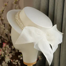 Chapéu elegante branco do casamento, topper retro, pérola bowknot, acessórios da decoração, mola, moda do verão