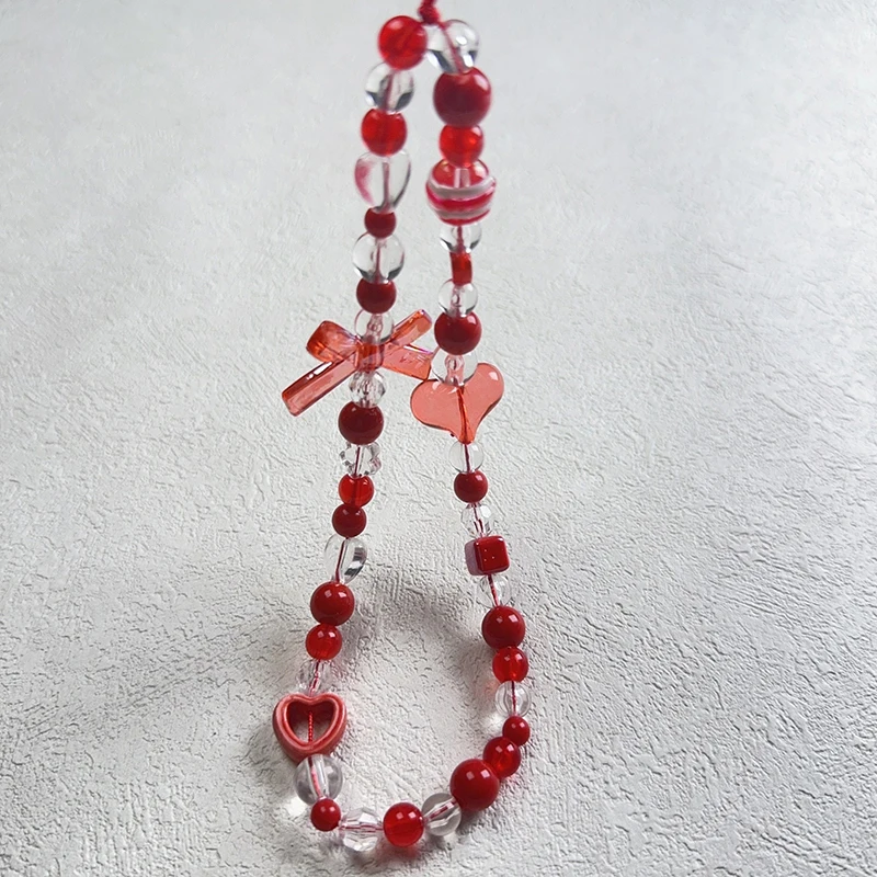 Ins Spicy Girl High-end Cute Redbow Heart Mobile Phone Strap Handmade Beading Diy Hanging Rope Pearl Chain