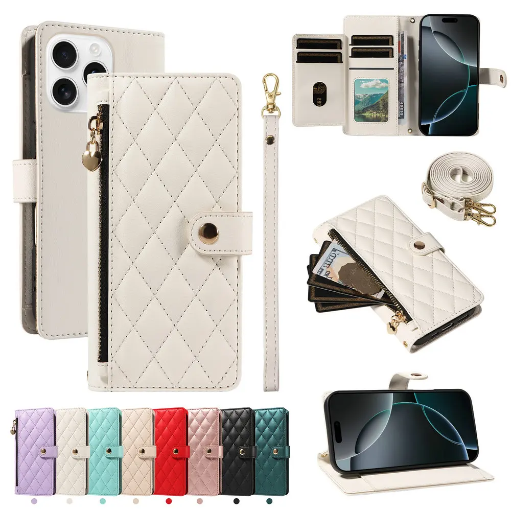 

Кожаный кошелек на молнии с 5 картами для iPhone 16, 15, 14, 13, Pro Max 16E, 5G, роскошный чехол для iPhone 14 15 16 Plus, чехол