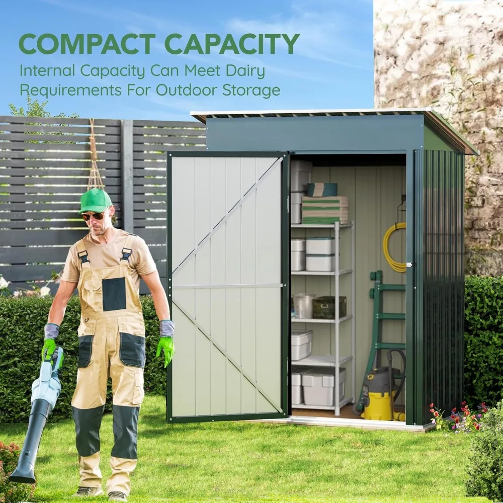 5x3FT Vertical Outdoor Steel Storage Shed with Floor Frame, Lockable Doors, Compact Metal Tool Shed for Garden, Backyard, Patio