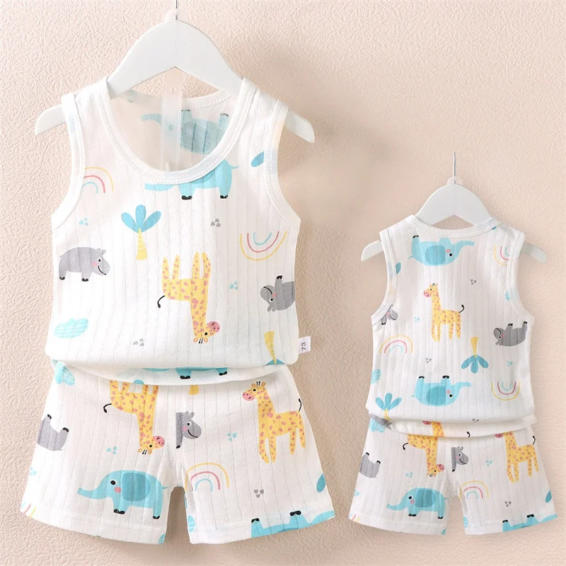 Vest+Shorts 2-Piece Clothing Set Summer Kid Baby Boy Girl Cartoon Sleeveless T-shirt+Pant Soft Cotton Pajama Casual Clothes Suit