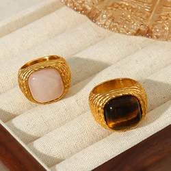 Vintage Stainless Steel Rings For Women Pink Color Square Natural Stone Wedding Bands Couple Round Rings Waterproof Jewelry