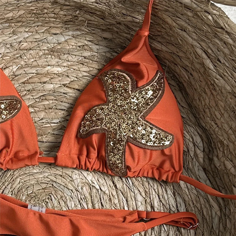 Sequin Starfish Orange Swimwear Sexy Halter String Triangle Bikini Micro Thong Swimsuit Woman 2026 Bathing Suit Bikinis Sets view 3
