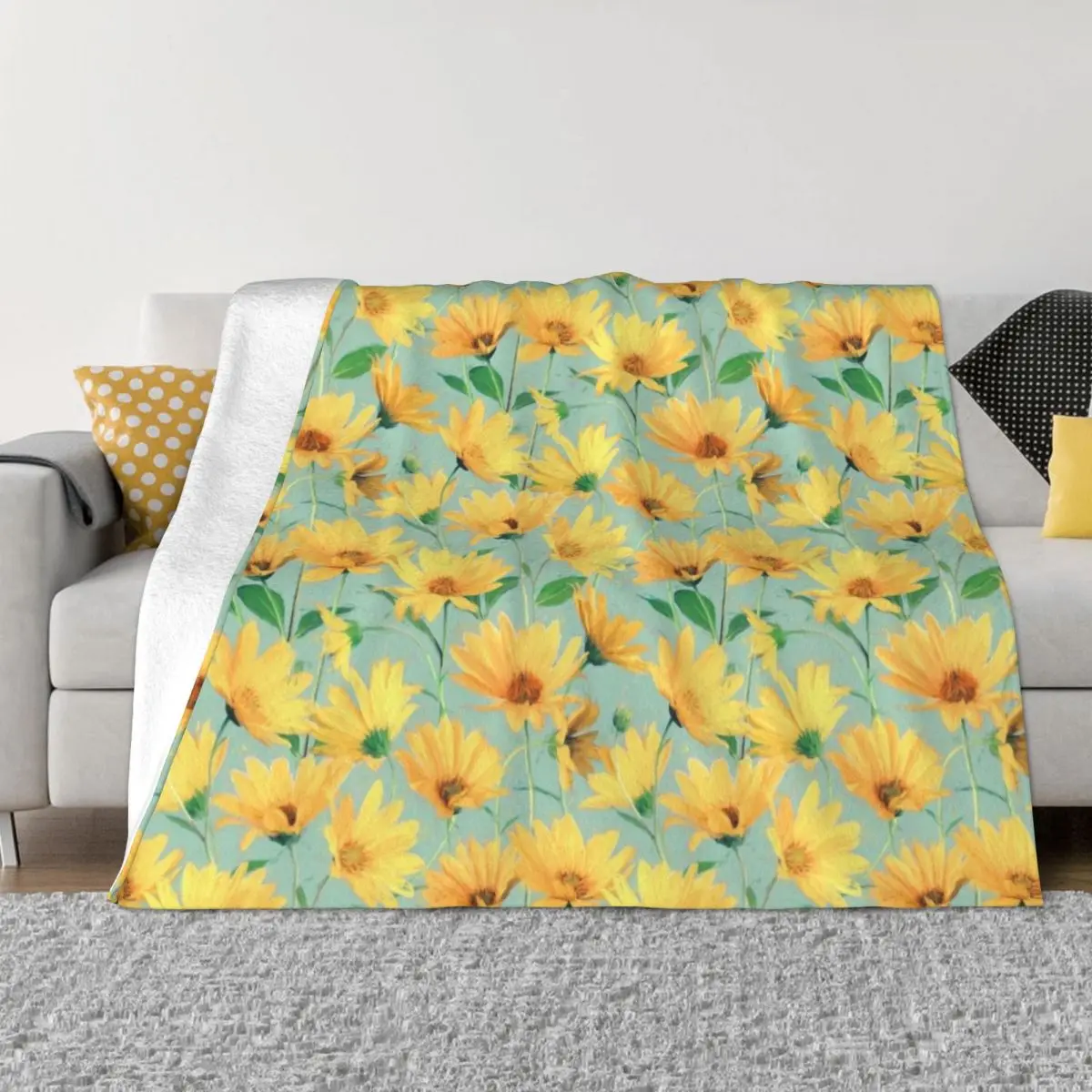 

Painted Golden Yellow Daisies on soft sage green Throw Blanket Large Blanket blankets for winter