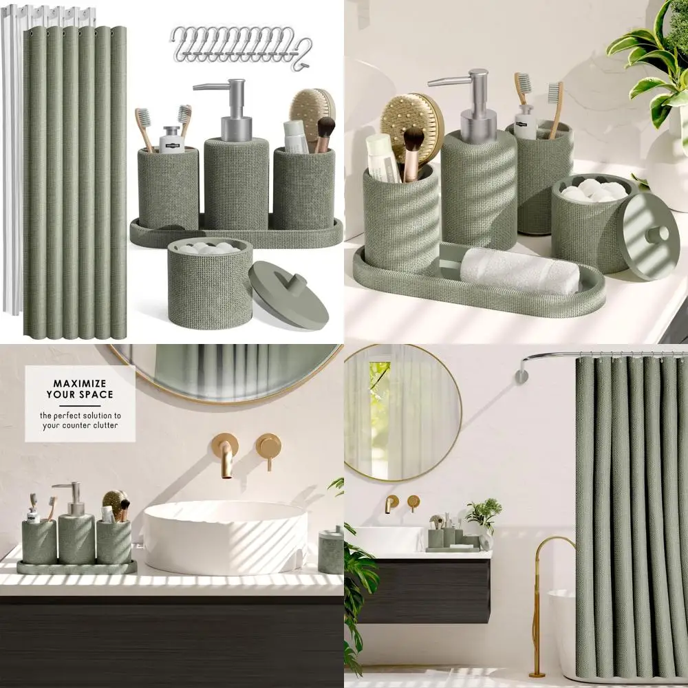 

19-Piece Sage Green Bathroom Accessory Set with Shower Curtain, Soap Dispenser, and Toothbrush Holder