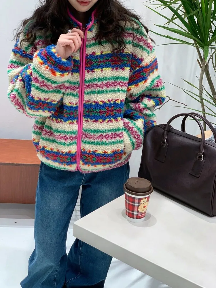 

Feita Korean Sle Fre Faionable Stand Collar Embroidered Lamb Fur Jaet Warm Cotton Coat Women's Casual Loose Fit