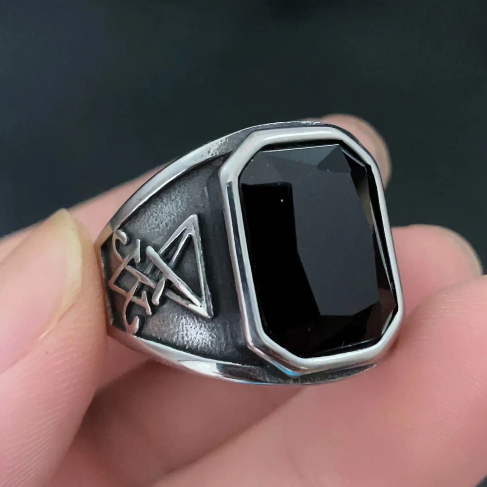 

Punk Fashion Black Stone Rings Men Women Vintage Lucifer Satan Cross Ring Stainless Steel Biker Jewelry Gift Dropshipping Luxury