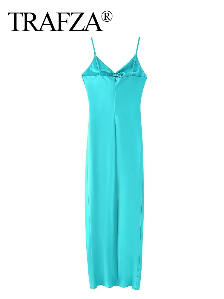 TRAFZA 2024 Women Summer Blue Satin Dress Sleeveless Backless Hollow Out Slim Long Dresses Woman Chic Sexy Party Female Dress